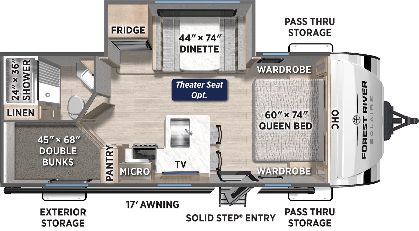 The Solaire 235BH floorplan has one entry and one slide out. Exterior features include: fiberglass exterior and 17' awning. Interiors features include: bunk beds and front bedroom.